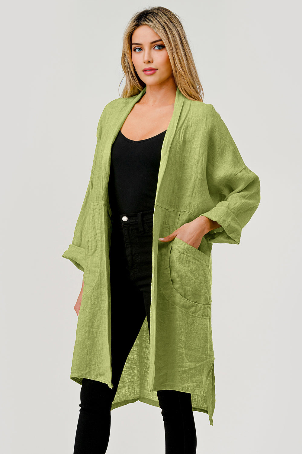 Long italian Linen Cardigan w Packets - Raw Moda Italian Fashion