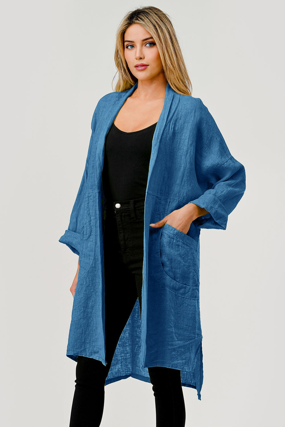 Long italian Linen Cardigan w Packets - Raw Moda