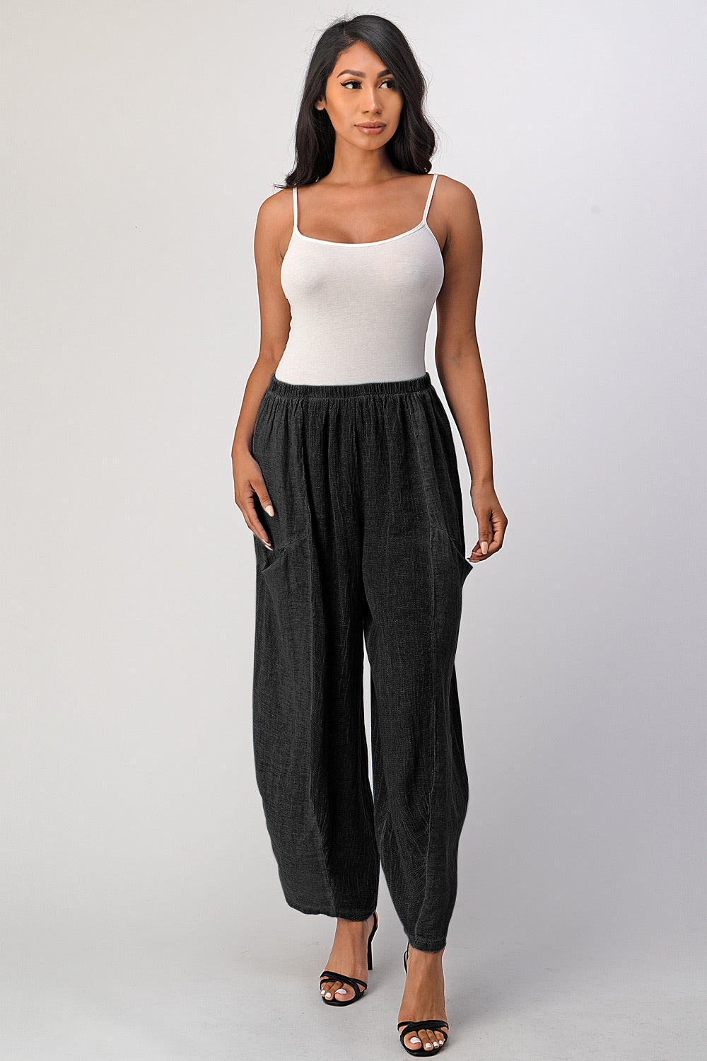 Straight Cotton Linen Pants With Pockets Bottom Raw Moda One Size Black