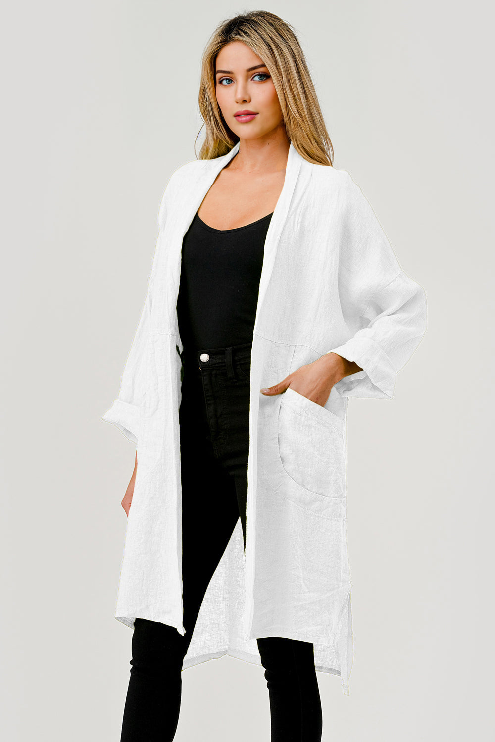 Long italian Linen Cardigan w Packets - Raw Moda