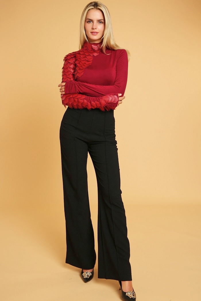 Leather Patch Shoulder Raw Moda Long Sleeves Top Top Raw Moda Medium Red