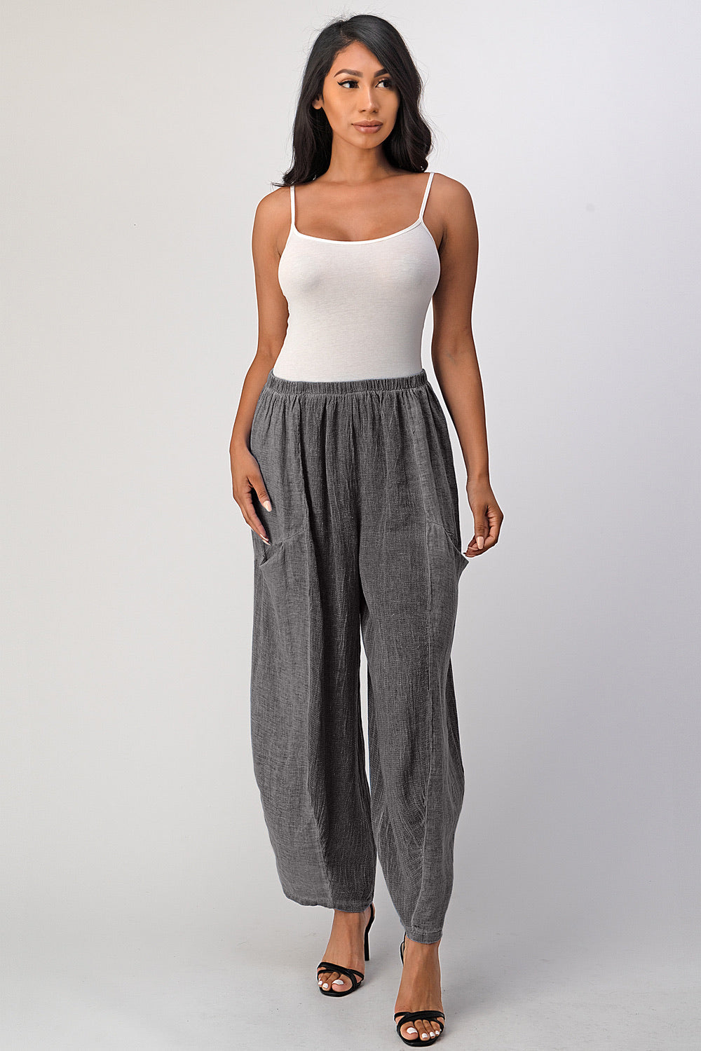 Straight Cotton Linen Pants With Pockets Bottom Raw Moda One Size Charcoal