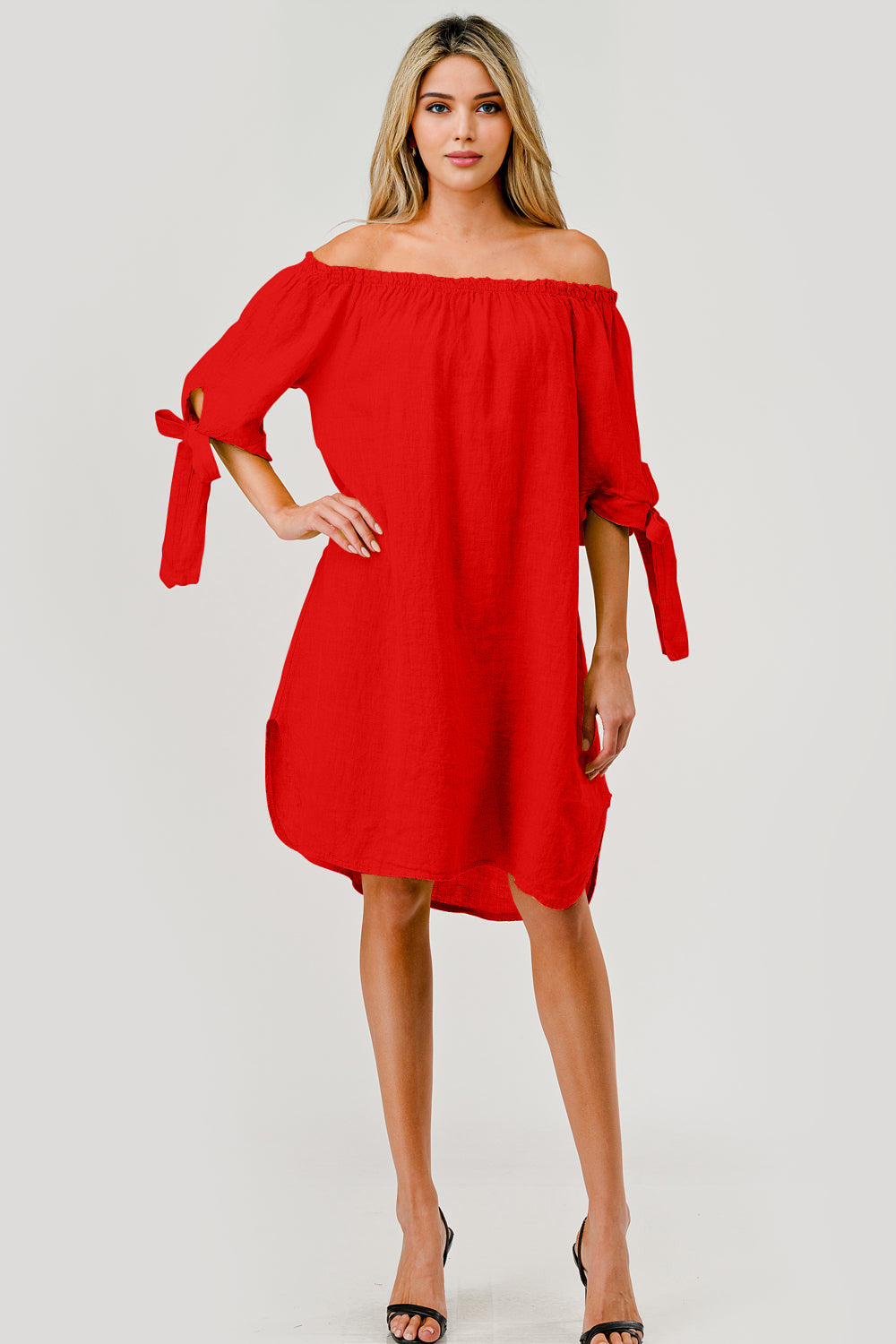 Italian Linen Off The Shoulder Dress - Raw Moda