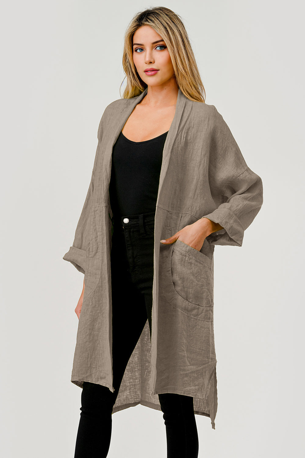 Long italian Linen Cardigan w Packets - Raw Moda