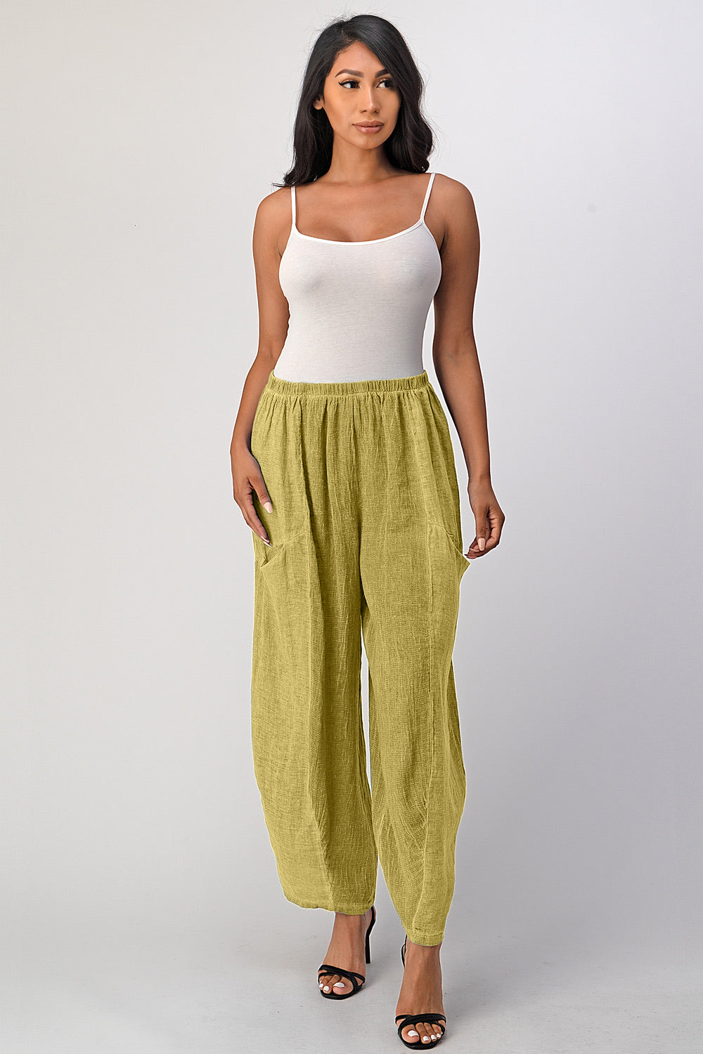 Straight Cotton Linen Pants With Pockets Bottom Raw Moda One Size Mustard