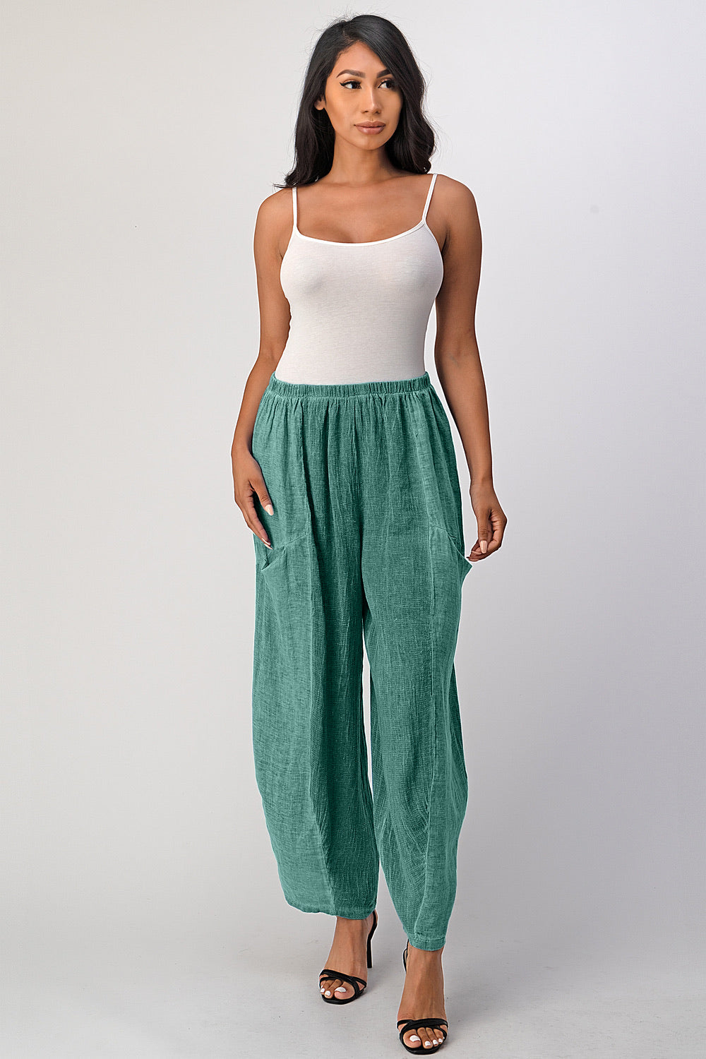 Straight Cotton Linen Pants With Pockets Bottom Raw Moda One Size Green