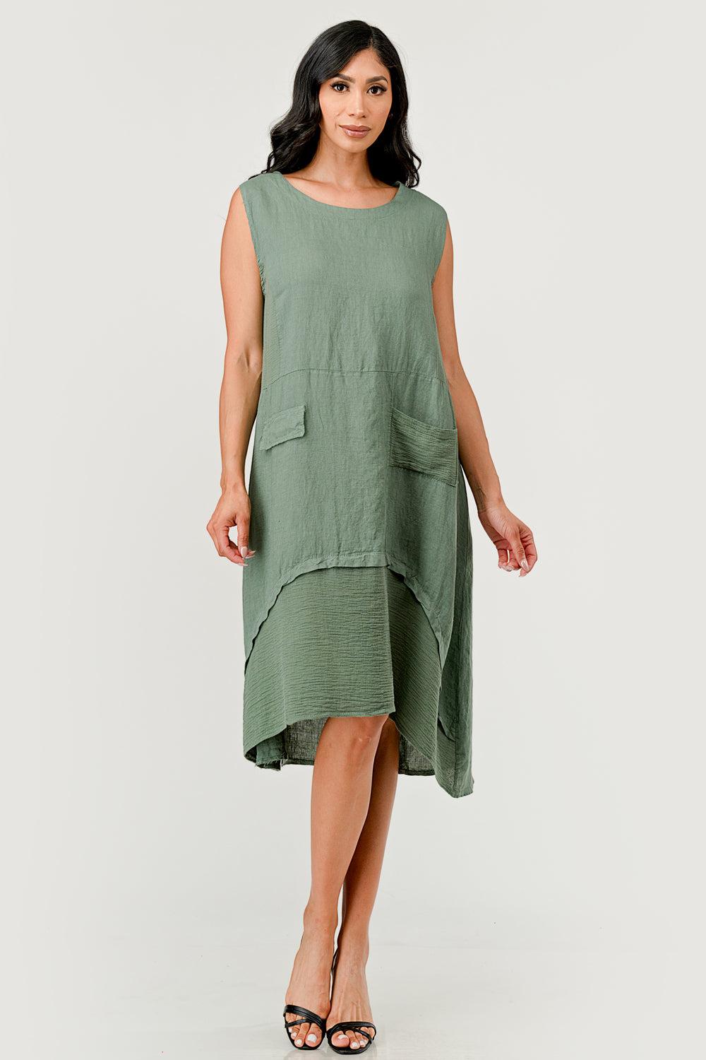 Sleeveless Minoo Linen Dress Raw Moda One Size Olive