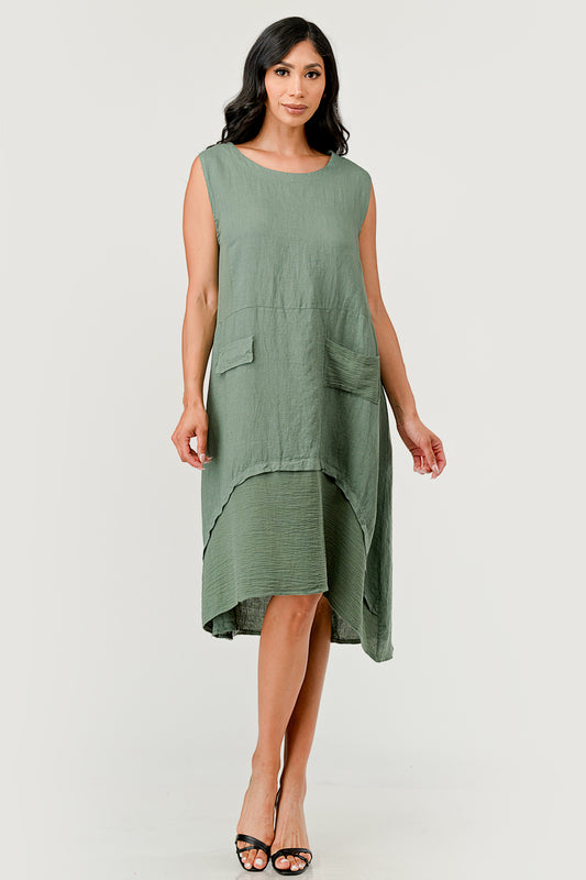 Sleeveless Minoo Linen Dress Raw Moda One Size Olive