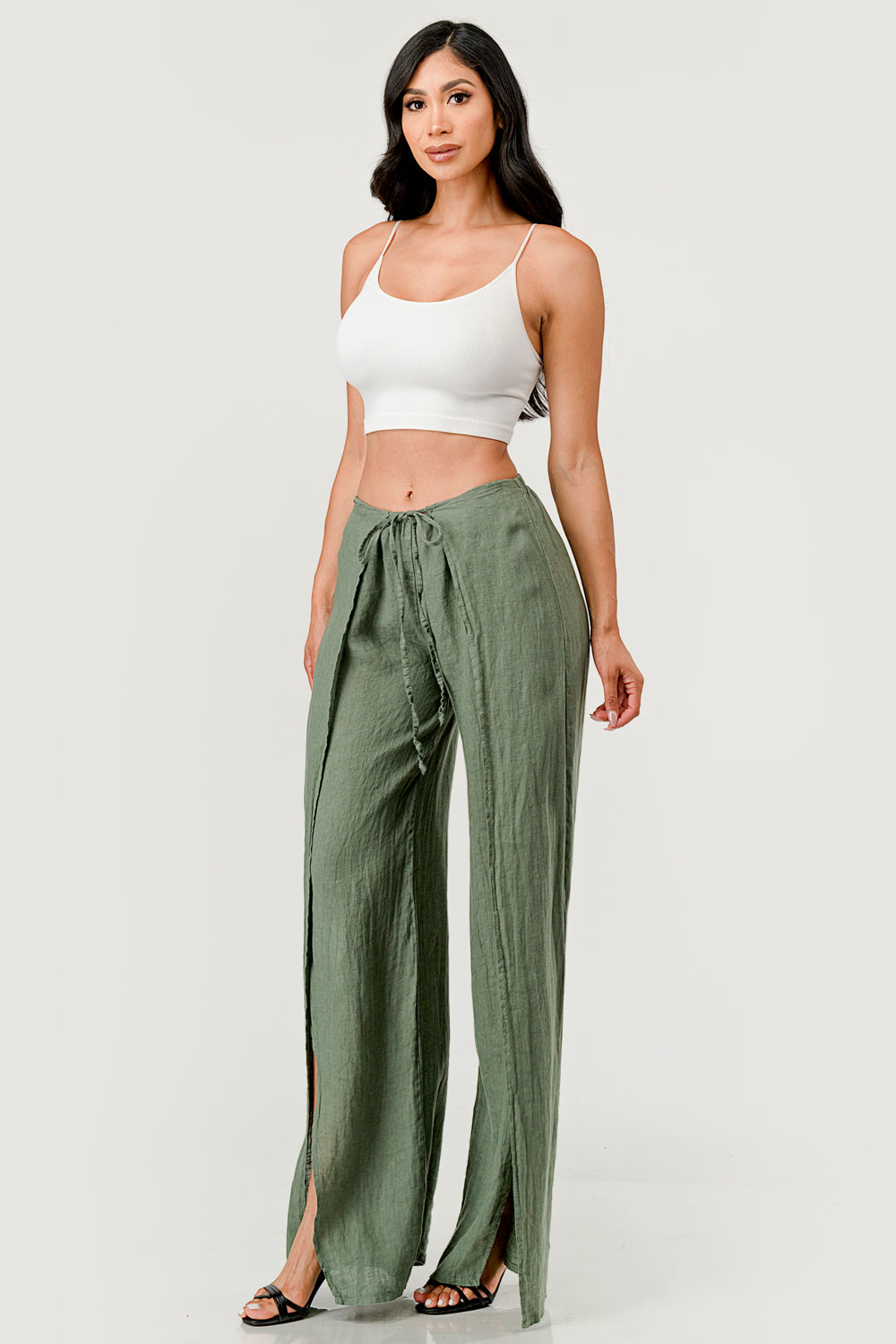 Monika Side Layered Linen Pants Bottom Raw Moda