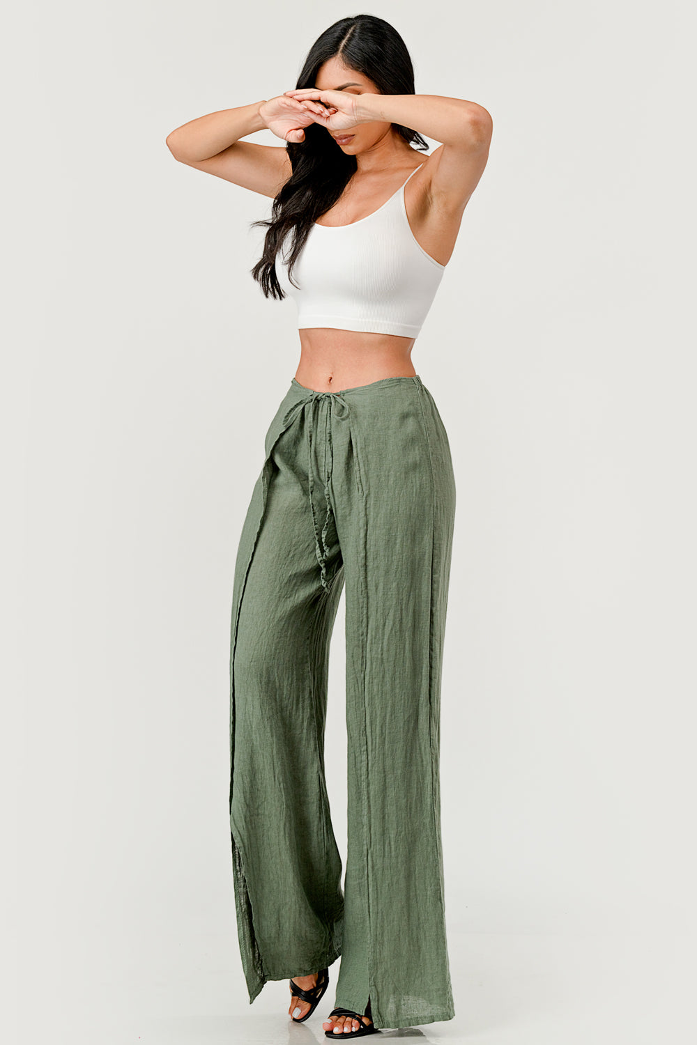 Monika Side Layered Linen Pants Bottom Raw Moda