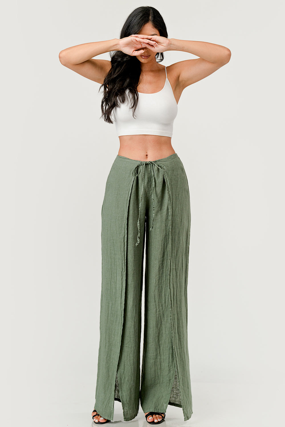 Monika Side Layered Linen Pants Bottom Raw Moda