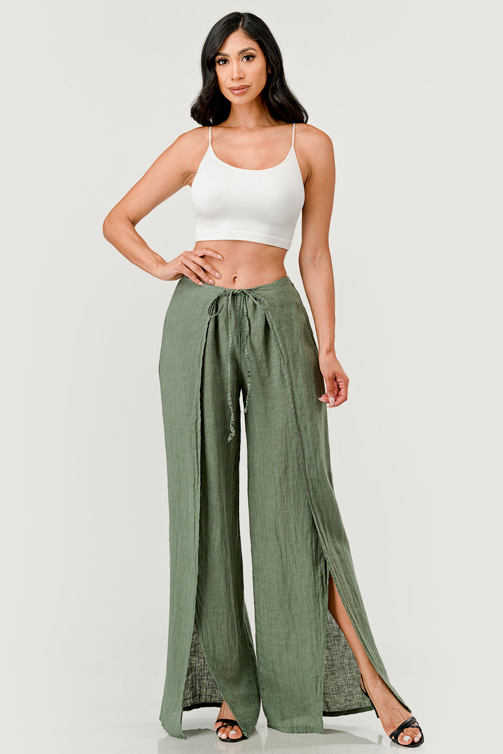 Monika Side Layered Linen Pants Bottom Raw Moda