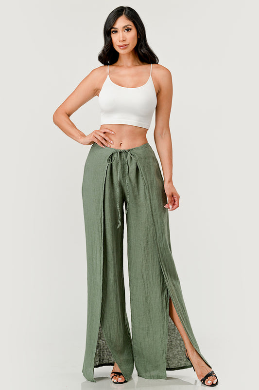 Monika Side Layered Linen Pants Bottom Raw Moda