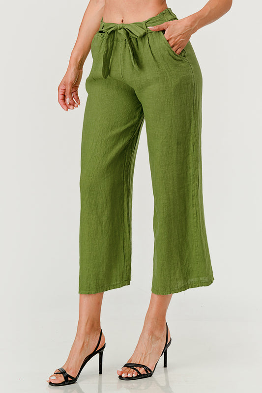 Raw Moda Linen pants Attached Belt Bottom Raw Moda One Size Green