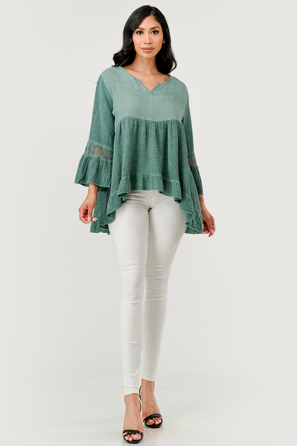 Raw Moda Lace Sleeves Linen Cotton Top Top Raw Moda