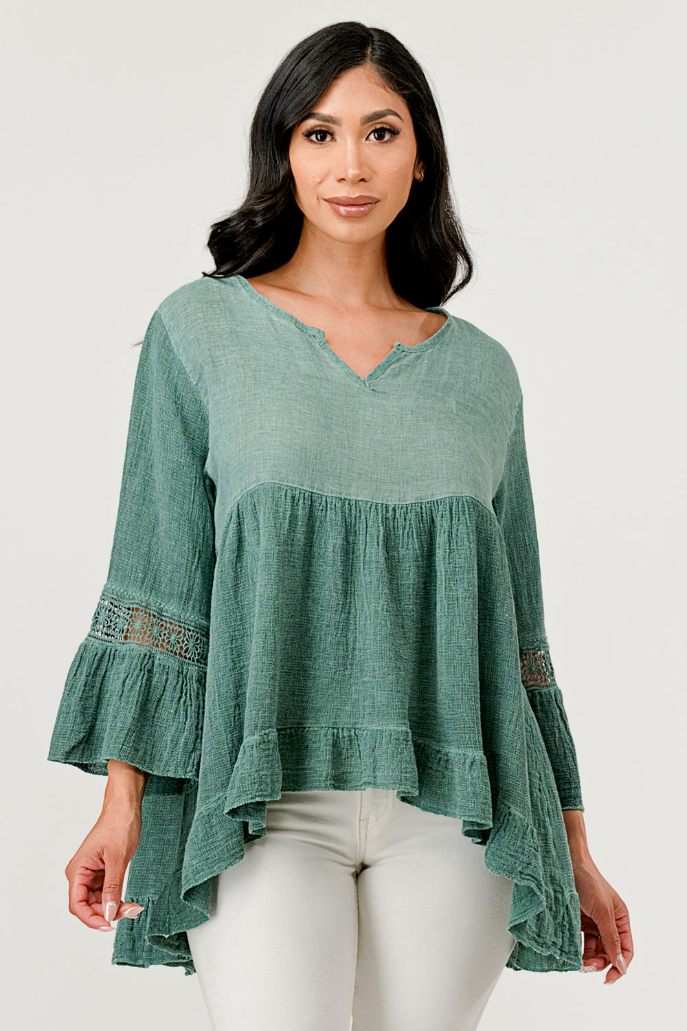 Raw Moda Lace Sleeves Linen Cotton Top Top Raw Moda