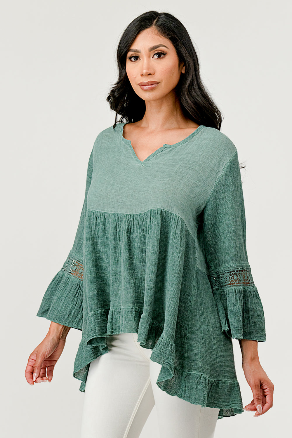 Raw Moda Lace Sleeves Linen Cotton Top Top Raw Moda
