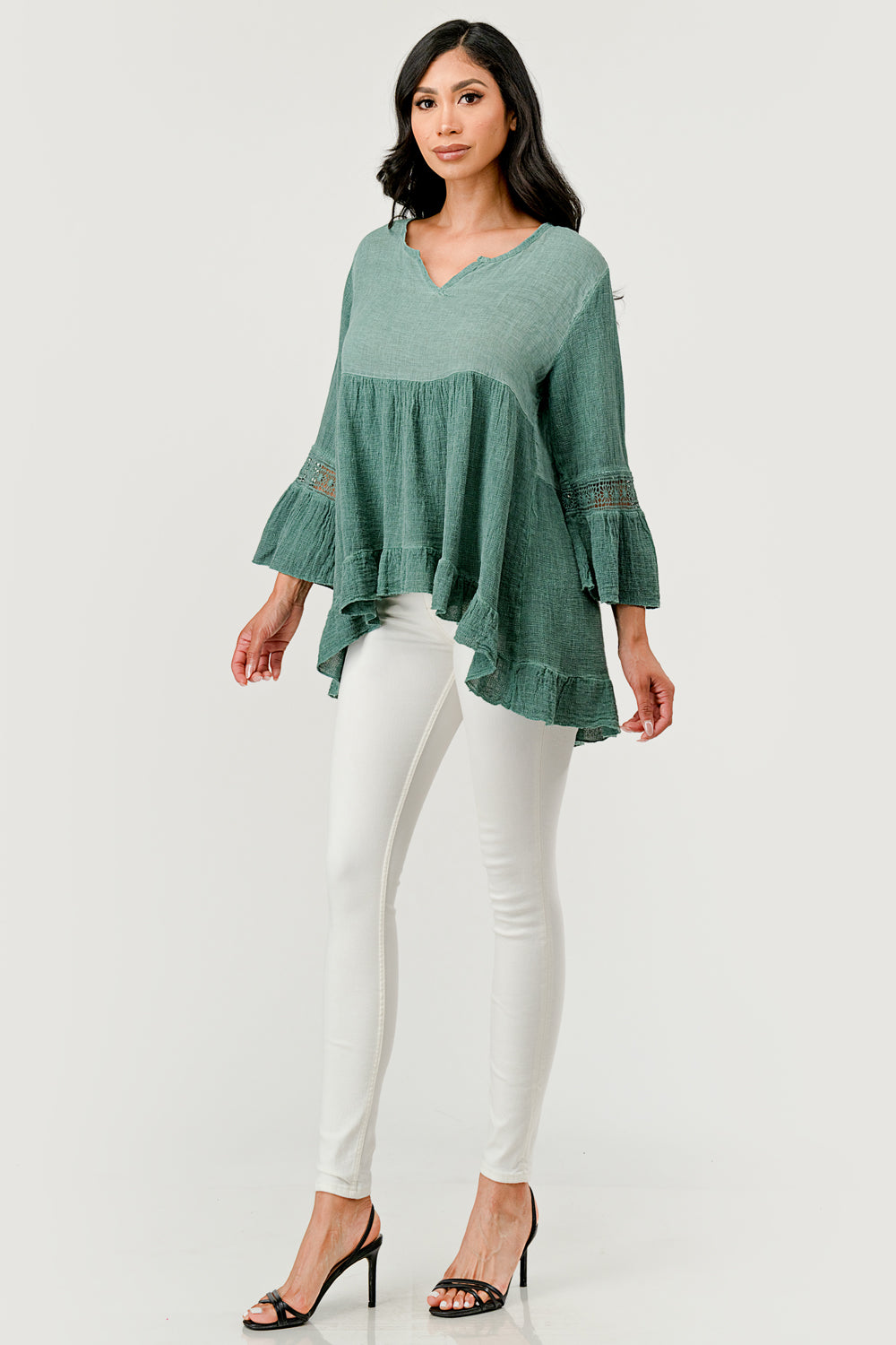 Raw Moda Lace Sleeves Linen Cotton Top Top Raw Moda
