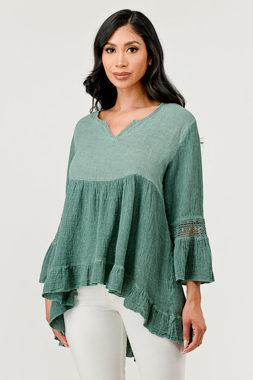Raw Moda Lace Sleeves Linen Cotton Top Top Raw Moda