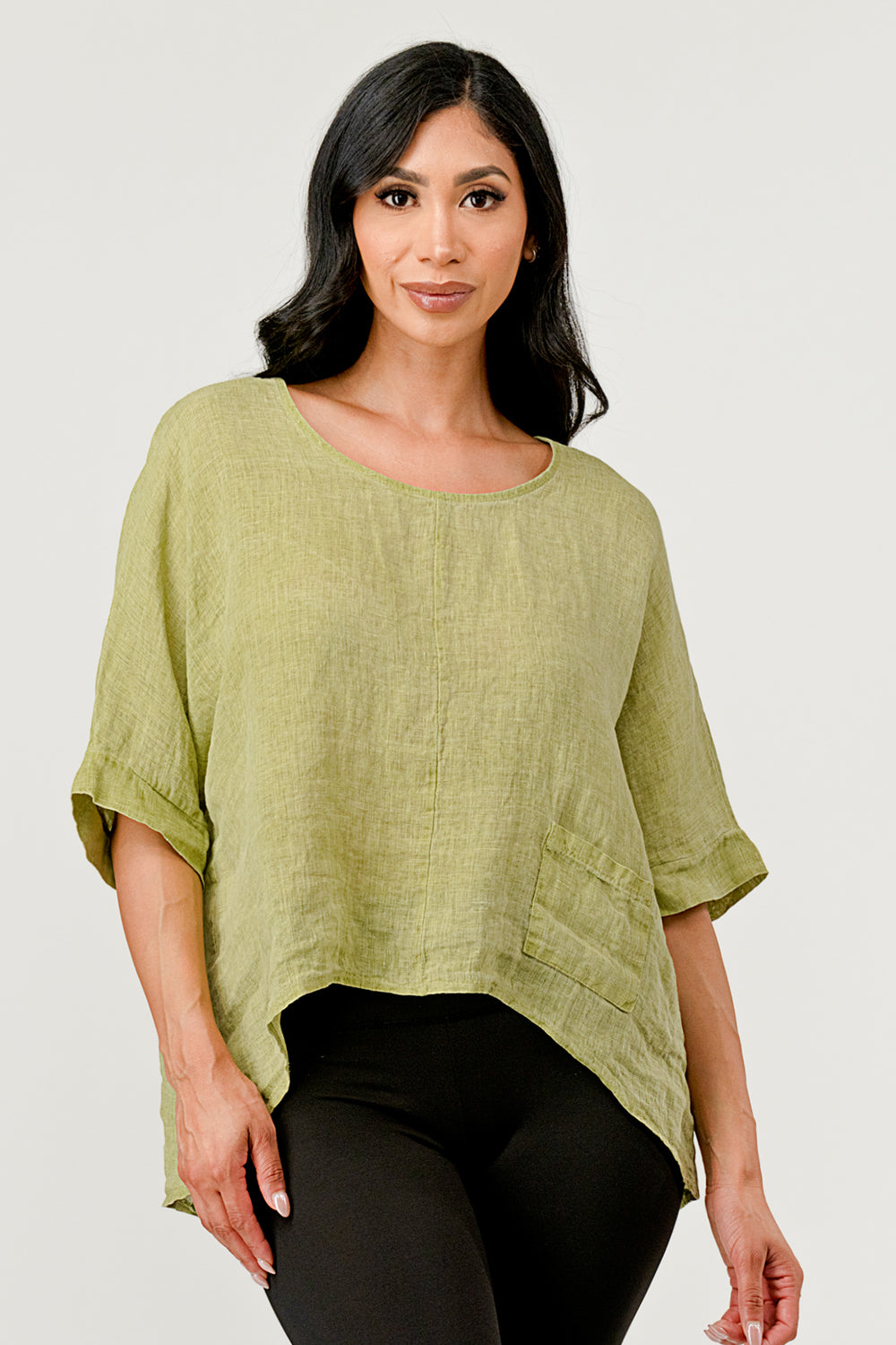 V Back Italian Linen Top w Pocket Top Raw Moda One Size Green