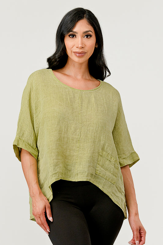 V Back  Italian Linen Top w Pocket Top Raw Moda One Size Green