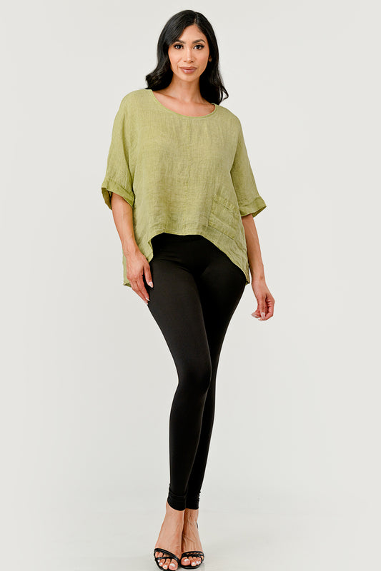 V Back  Italian Linen Top w Pocket Top Raw Moda