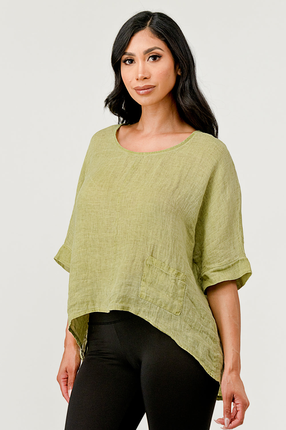V Back Italian Linen Top W Pocket Top Raw Moda One Size Green