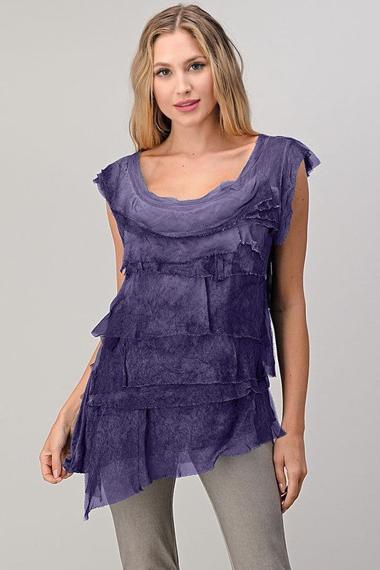 Sleeveless Italian Silk Ruffle Top Top Raw Moda One Size Purple