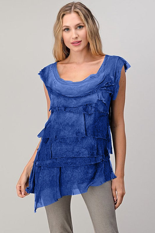Sleeveless Italian Silk Ruffle Top Top Raw Moda One Size Blue