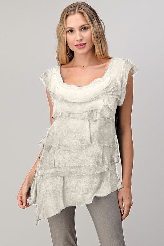 Sleeveless Italian Silk Ruffle Top Top Raw Moda One Size Beige