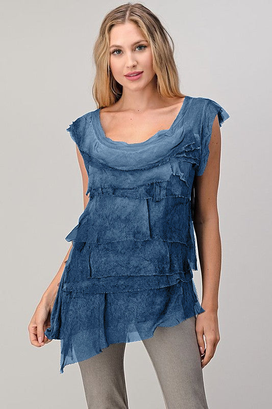 Sleeveless Italian Silk Ruffle Top Top Raw Moda One Size Teal