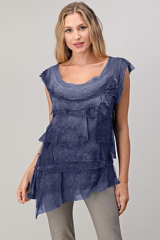 Sleeveless Italian Silk Ruffle Top Top Raw Moda One Size Navy