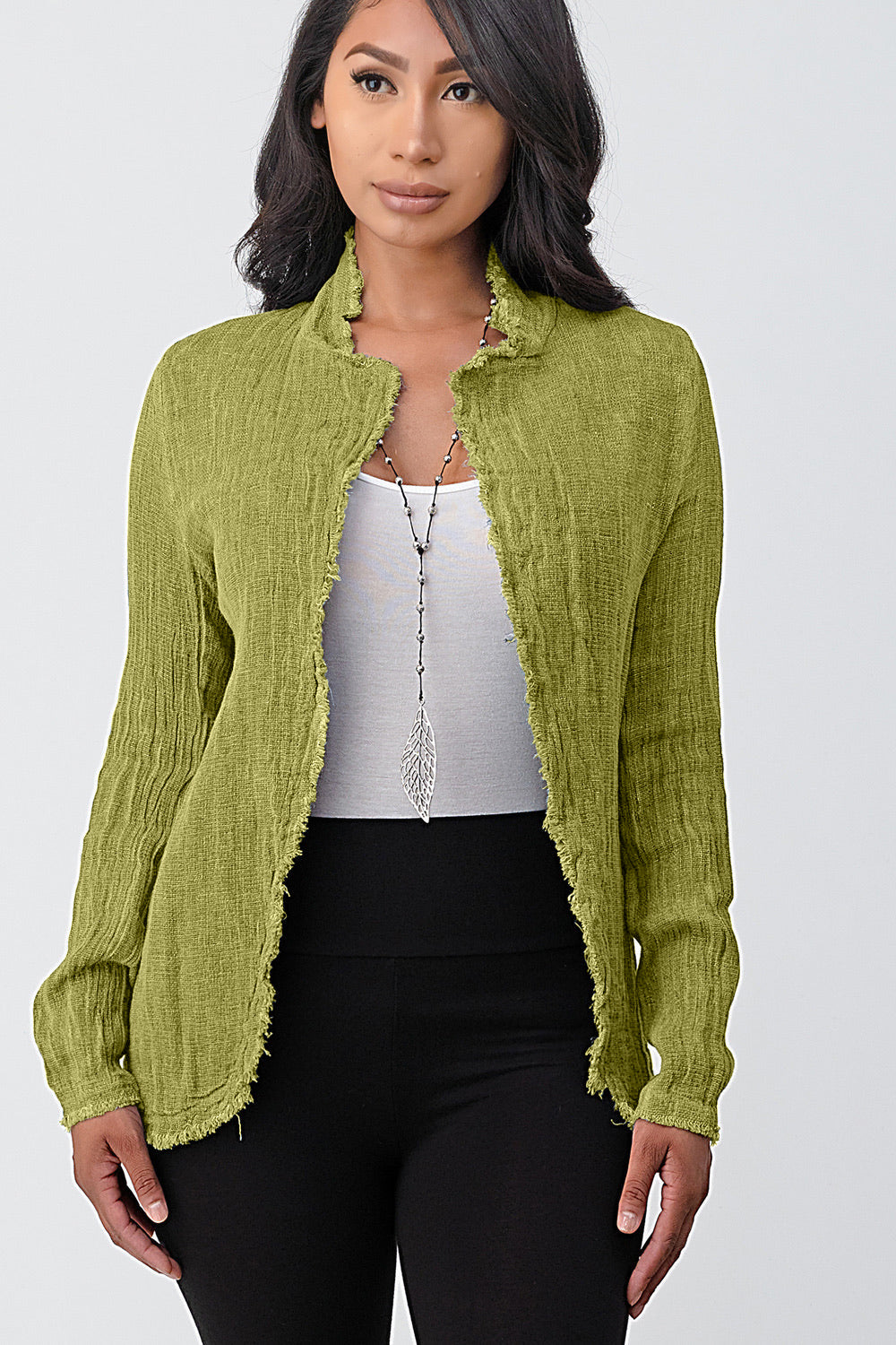 Italian Fringe Trim Jacket Top Raw Moda One Size Green