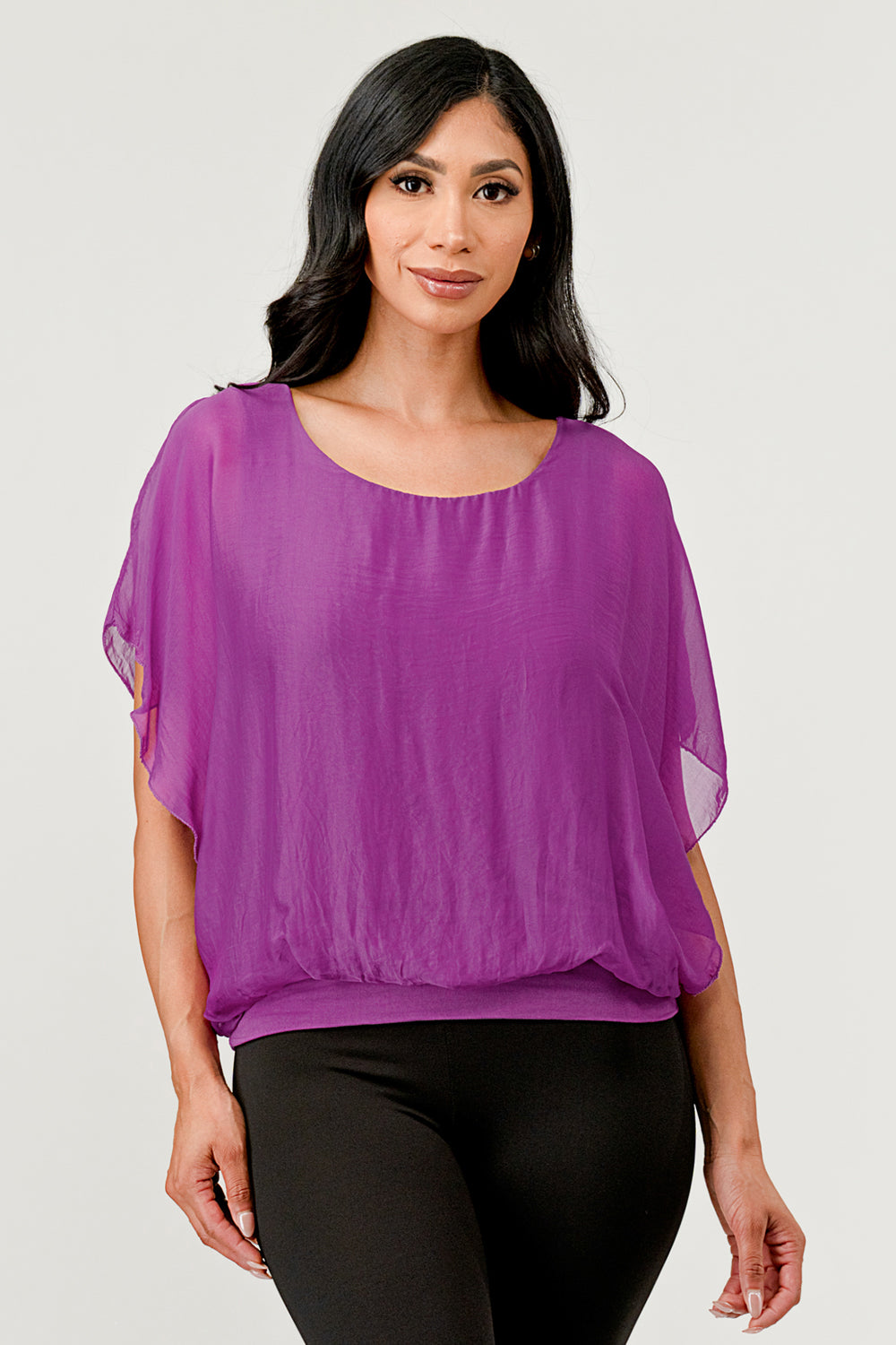 Solid Silk Banded Bottom Top Top Raw Moda