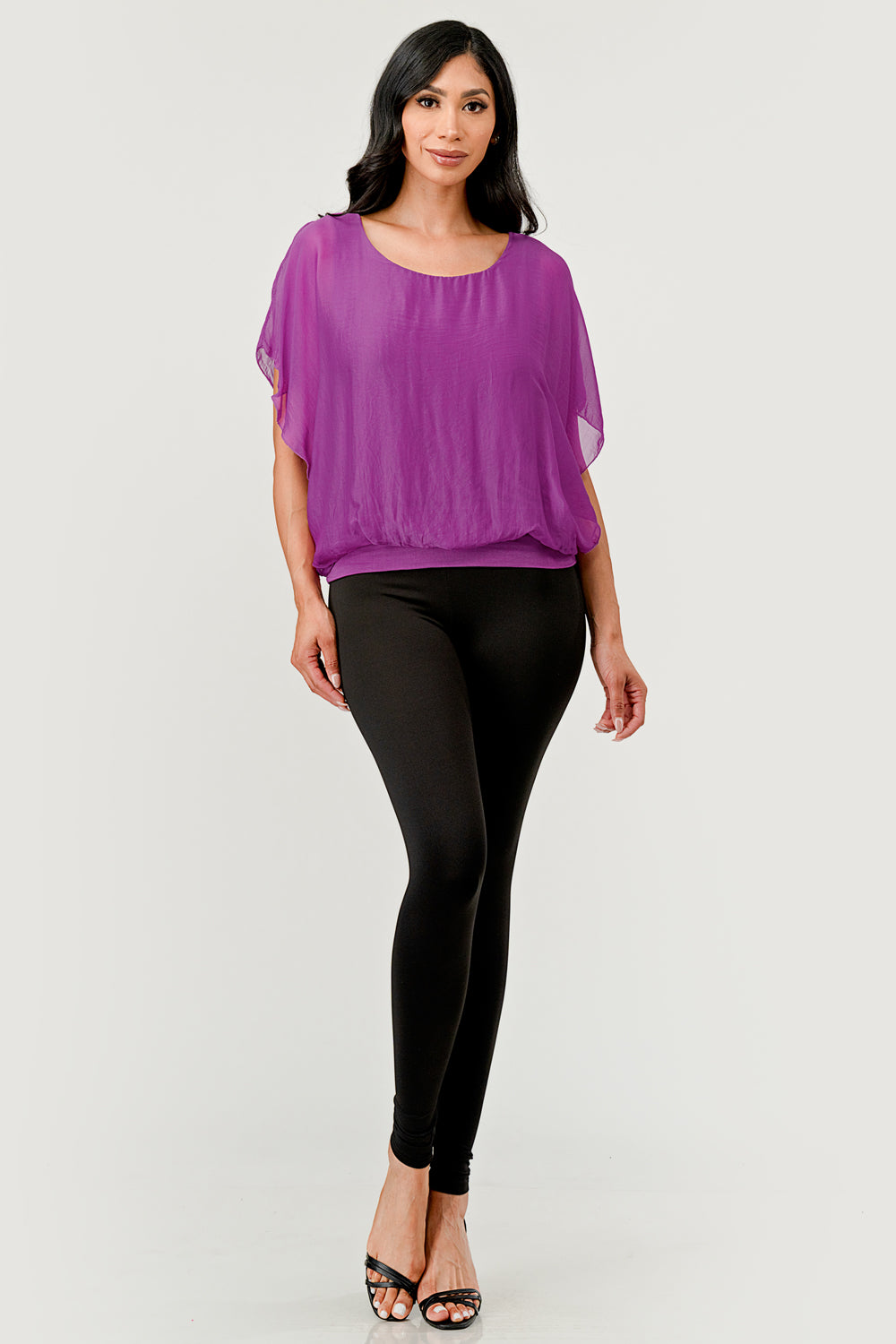 Solid Silk Banded Bottom Top Top Raw Moda
