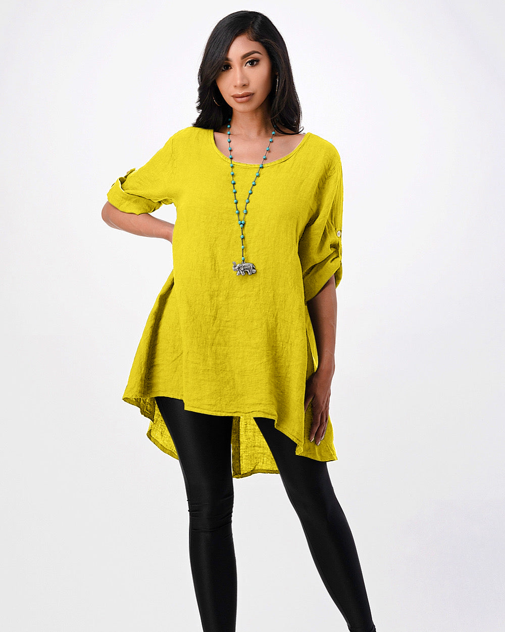Long Italian Linen Button Back Top Tunic Top Raw Moda One Size Mustard