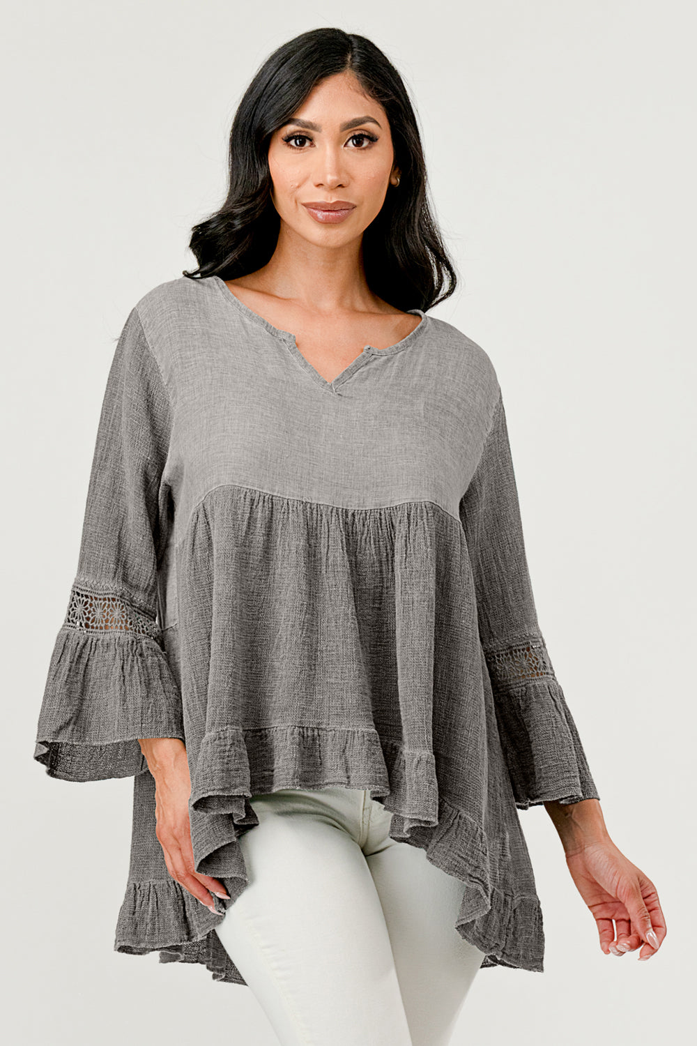 Raw Moda Lace Sleeves Linen Cotton Top Top Raw Moda One Size Taupe