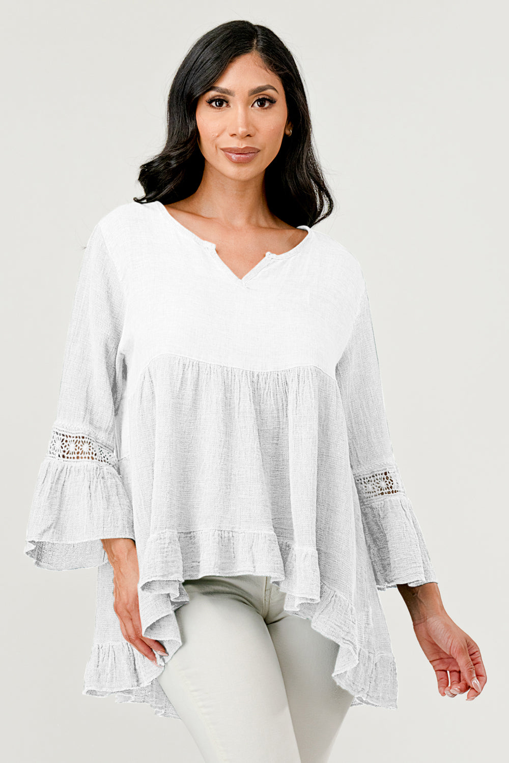 Raw Moda Lace Sleeves Linen Cotton Top Top Raw Moda One Size White