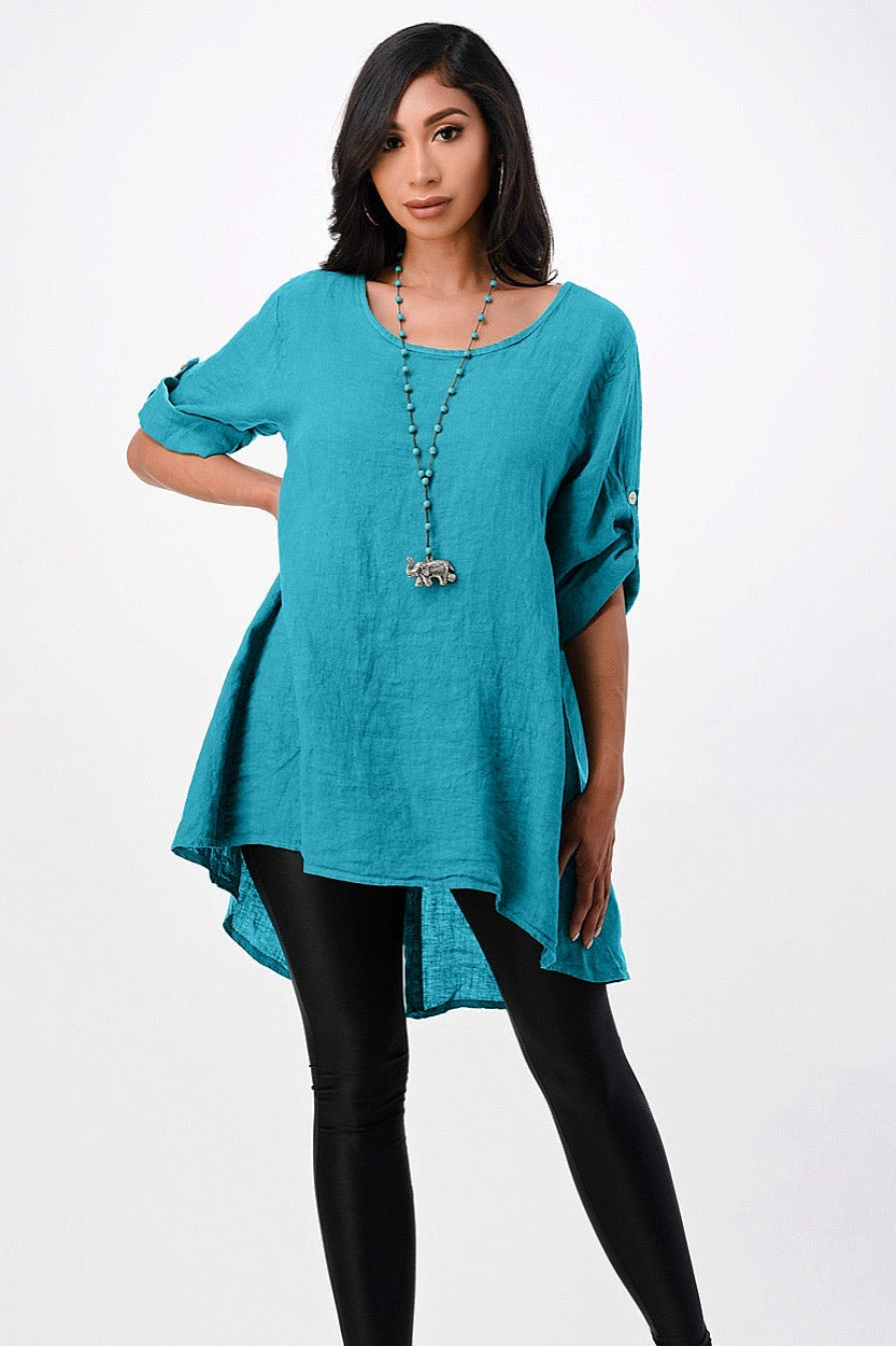 Long Italian Linen Button Back Top Tunic Top Raw Moda One Size Teal