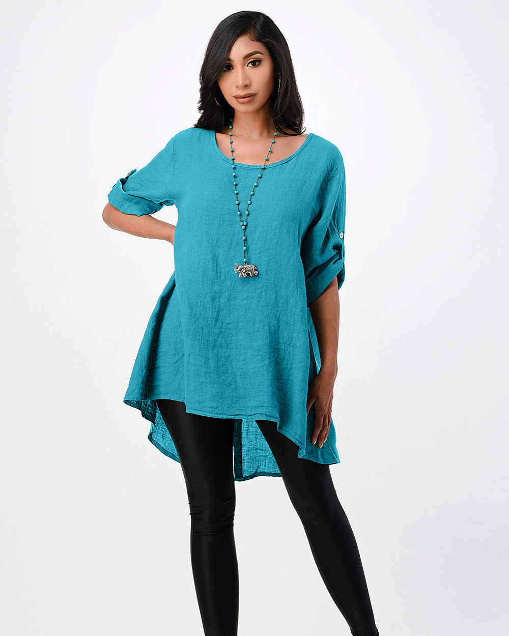 Long Italian Linen Button Back Top Tunic Top Raw Moda One Size Teal