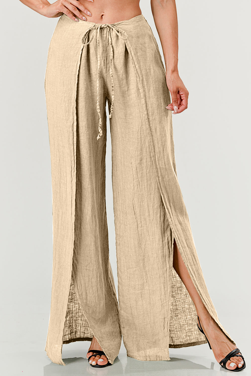 Monika Side Layered Linen Pants Bottom Raw Moda One Size Beige