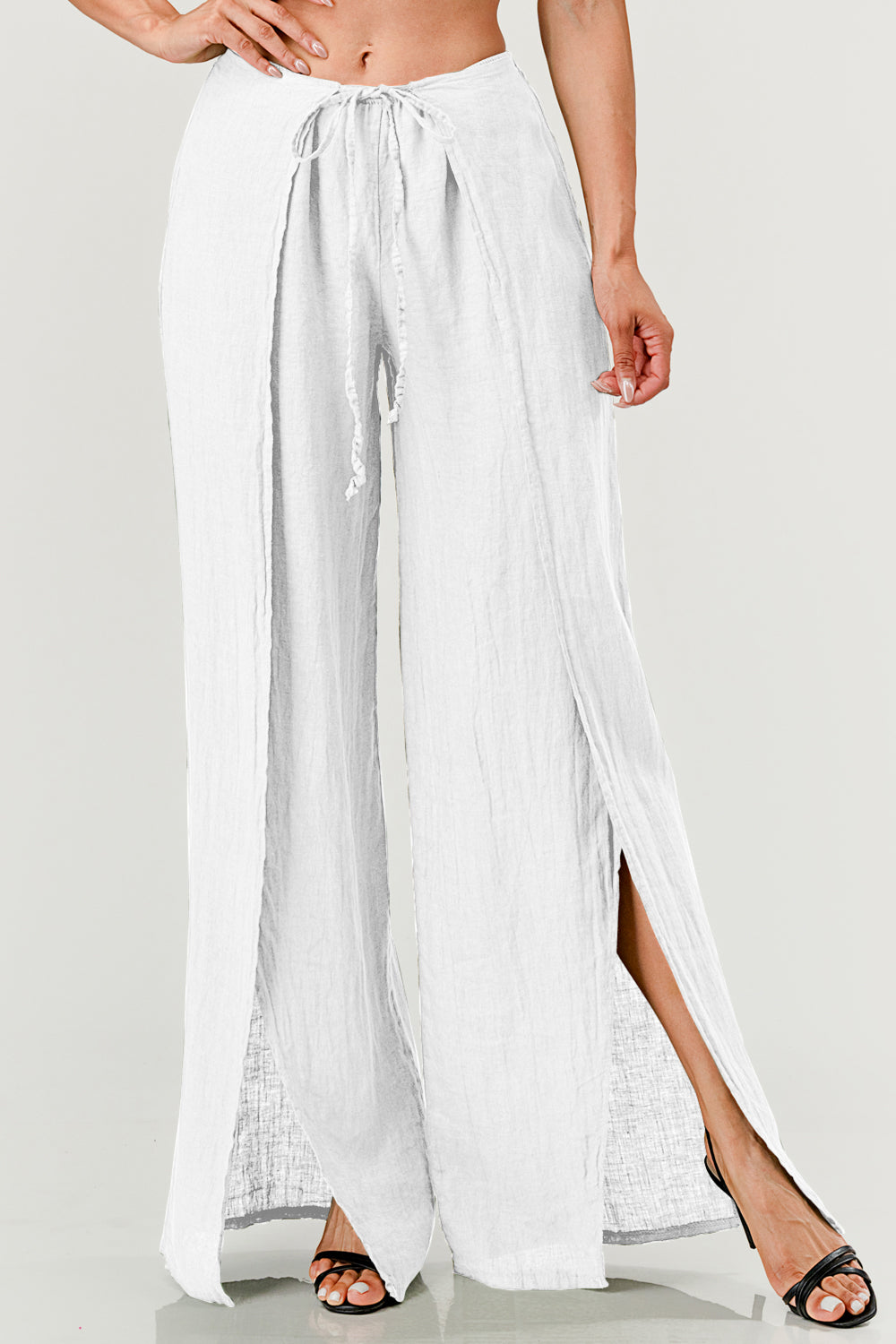 Monika Side Layered Linen Pants Bottom Raw Moda One Size White
