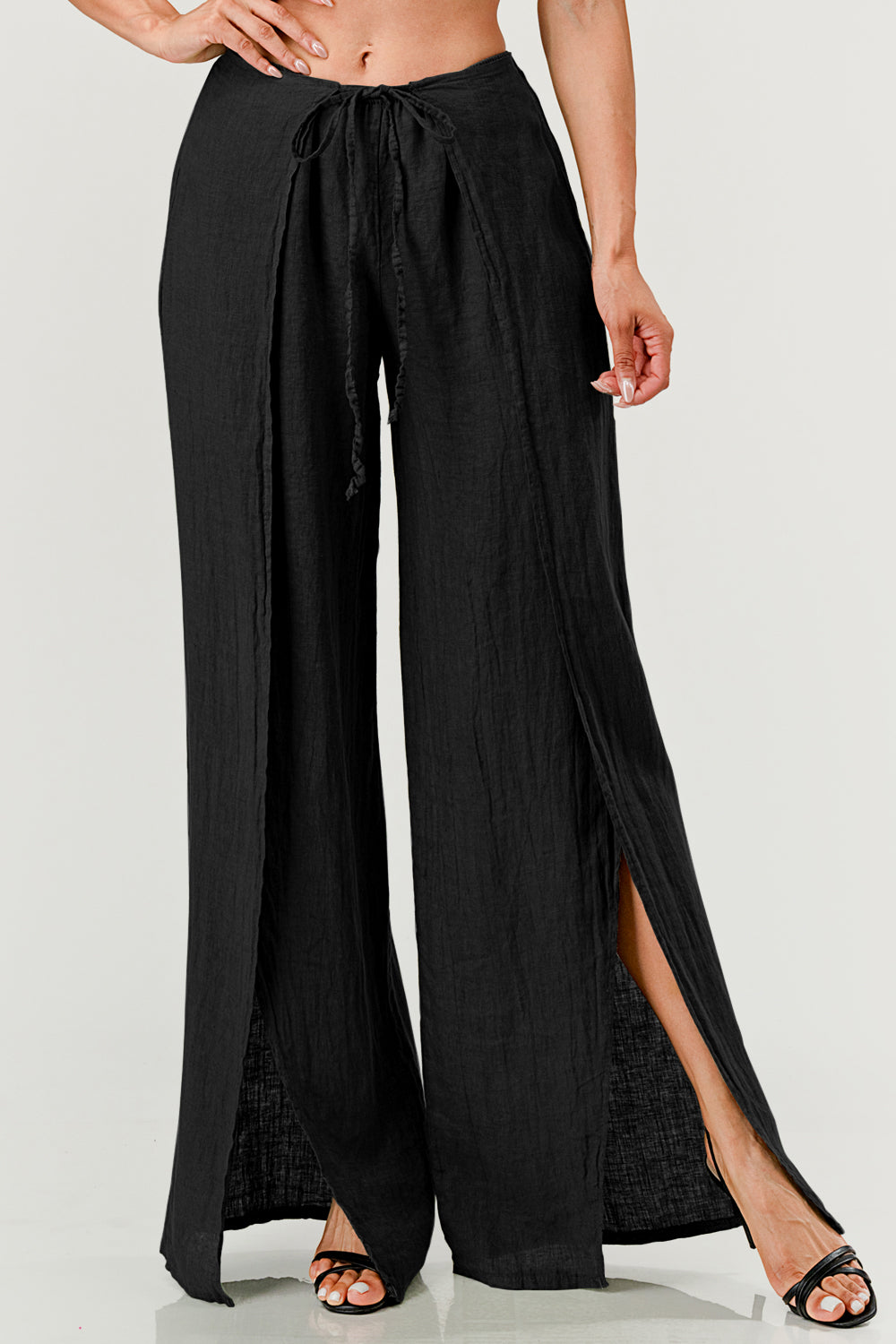 Monika Side Layered Linen Pants Bottom Raw Moda One Size Black