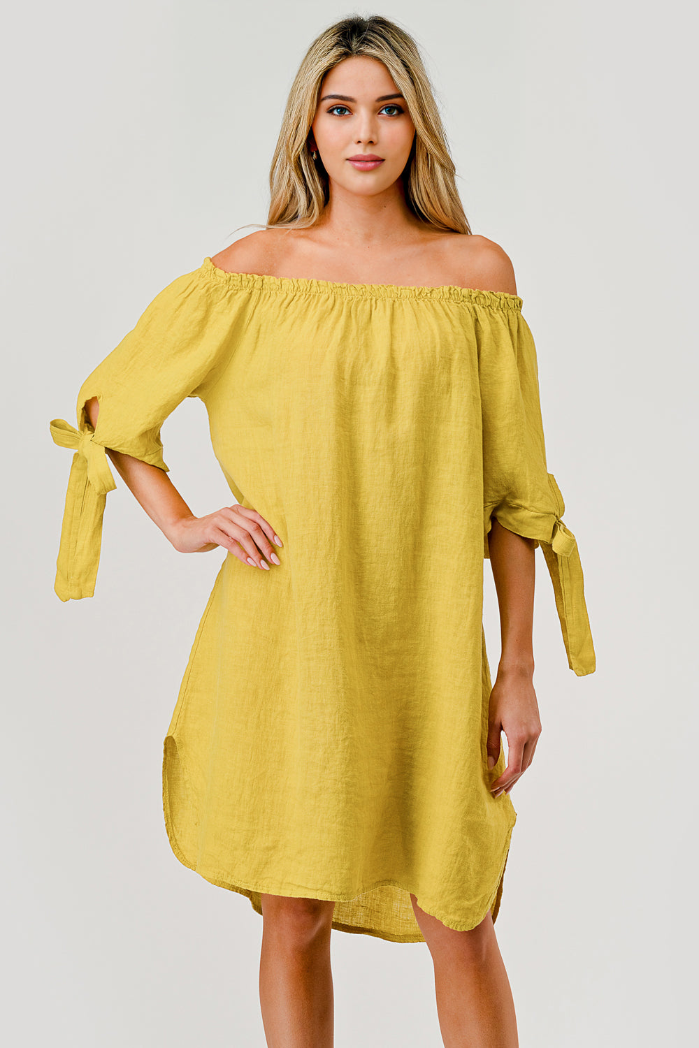Italian Linen Off The Shoulder Dress - Raw Moda