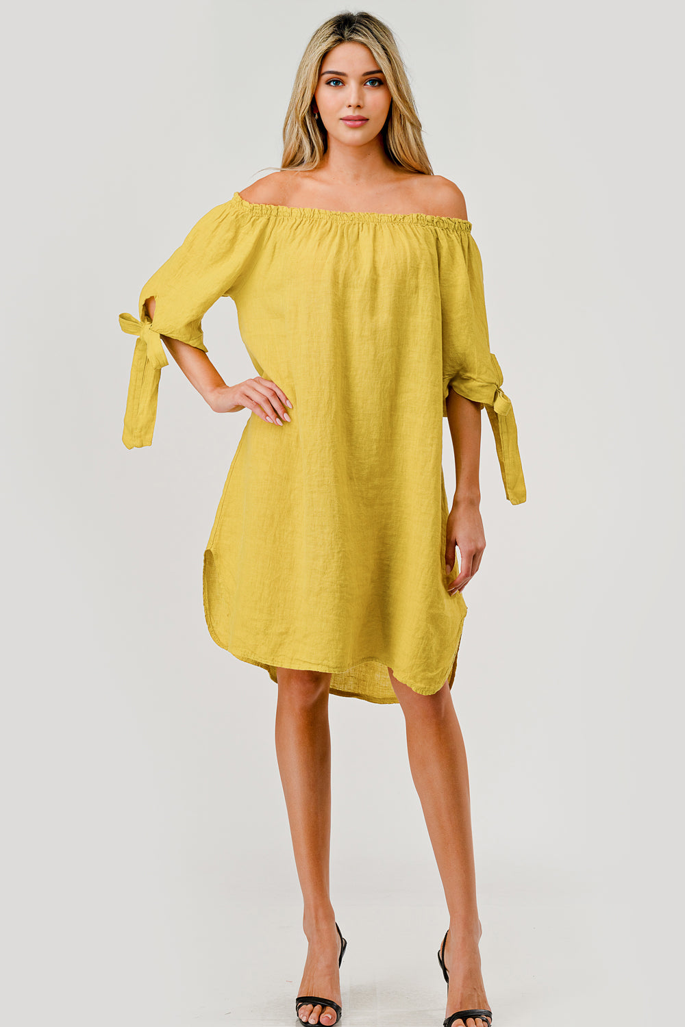 Italian Linen Off The Shoulder Dress - Raw Moda