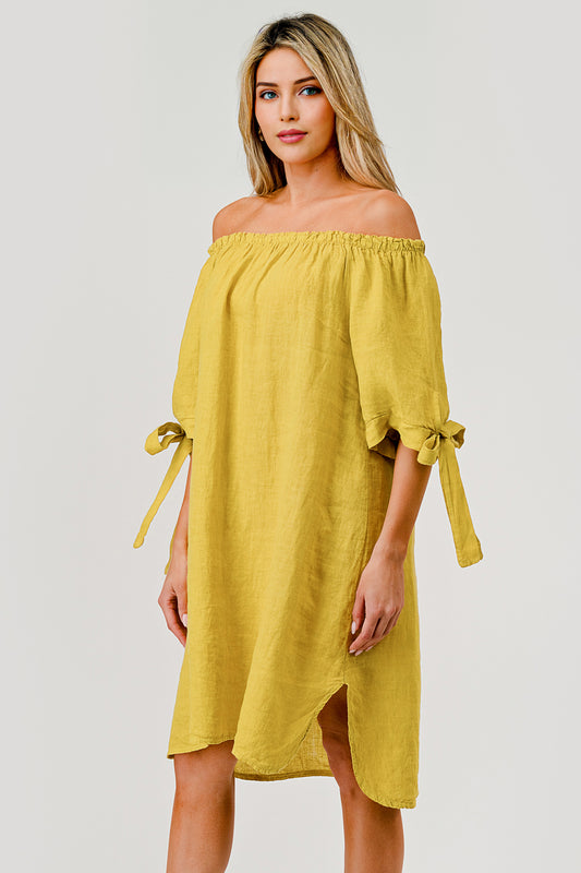 Italian Linen Off The Shoulder Dress - Raw Moda