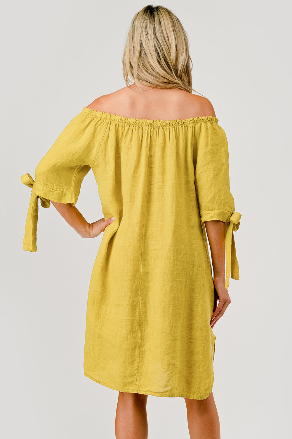 Italian Linen Off The Shoulder Dress - Raw Moda