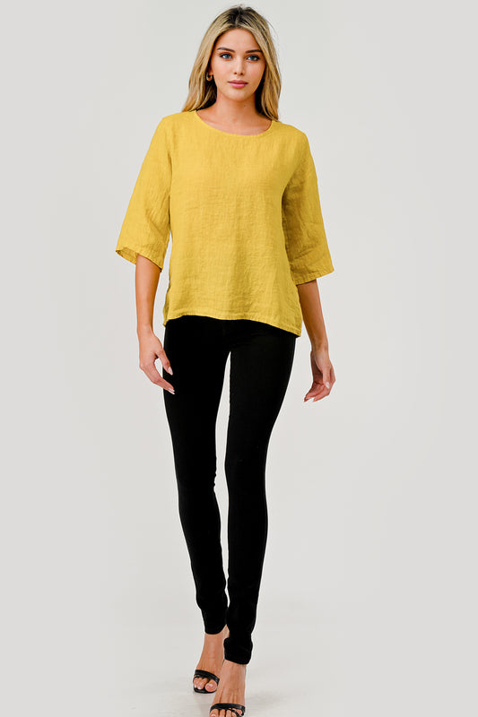 Raw Moda Short Sleeves Back Button Linen Top - Raw Moda