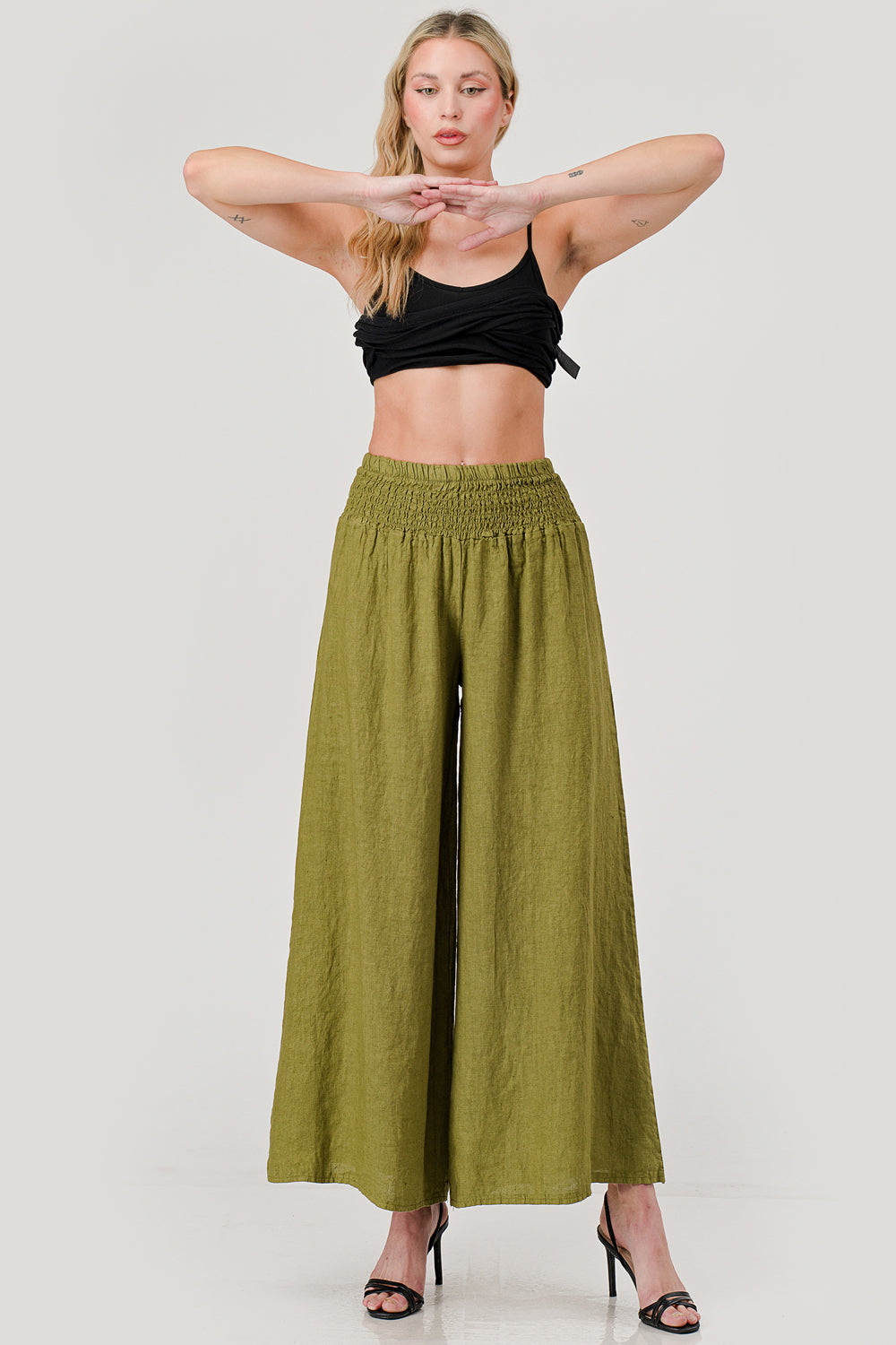 Crossover Wide Waist Linen Pants - Raw Moda