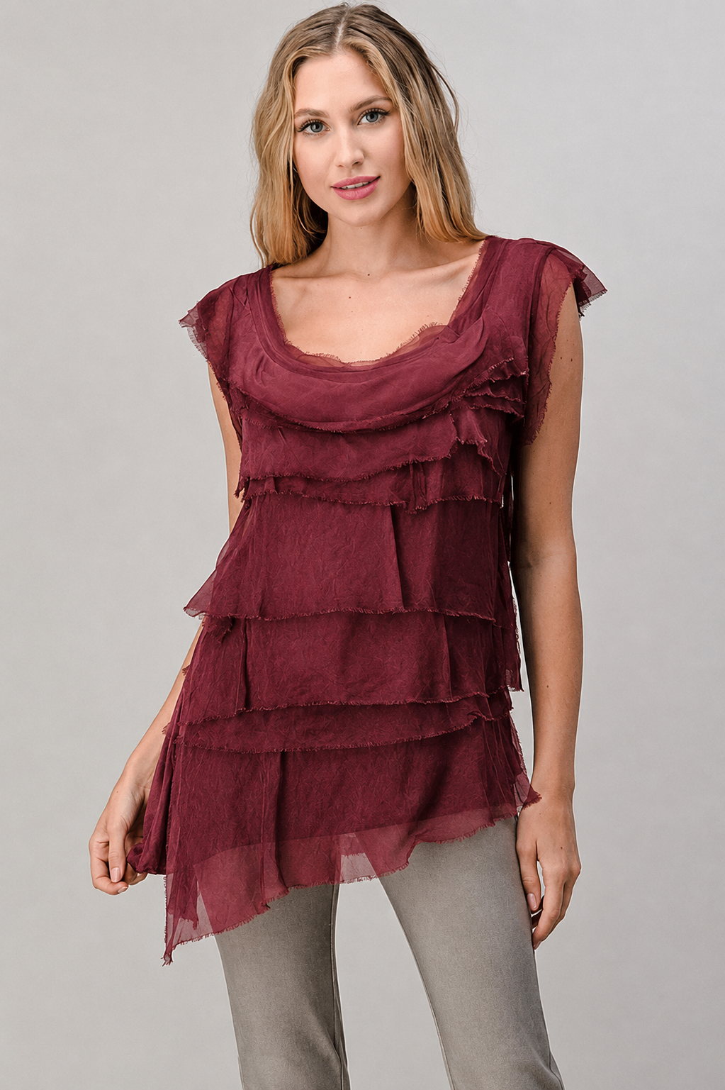 Sleeveless Italian Silk Ruffle Top
